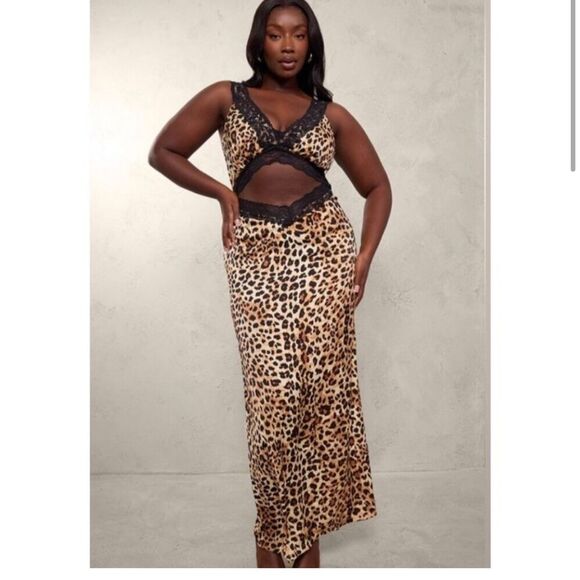 NWT PRETTY LITTLE THING Leopard Print Satin Lace Cut Out Maxi Dress Plus Size 14 - Picture 1 of 14